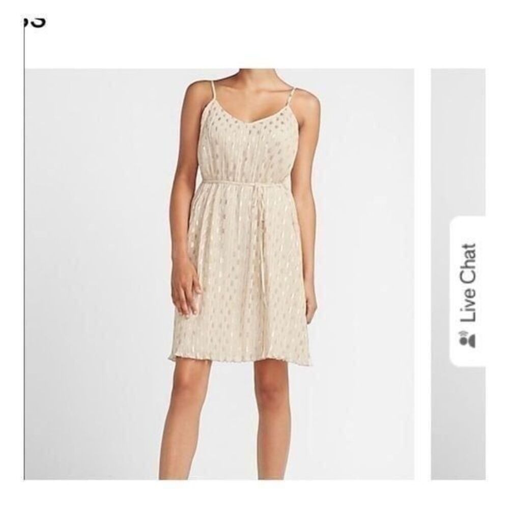 NWT Express Large Dress Ivory Cream Gold Polka Dot Pleated Skirt Sundress